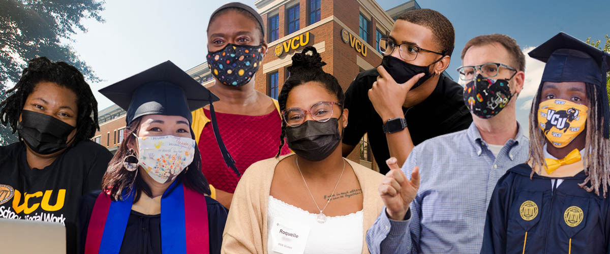 Masked V-C-U School of Social Work students, faculty, staff and alumni against the backdrop of the Academic Learning Commons building