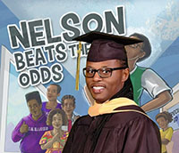 Ronnie Sidney wears a black graduation cap and gown; in the background is a display featuring the artwork and title of his book, Nelson Beats the Odds.